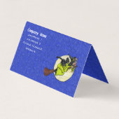 Grappige heks vliegen op bezem kat op rug maan bla visitekaartje (Achterkant)