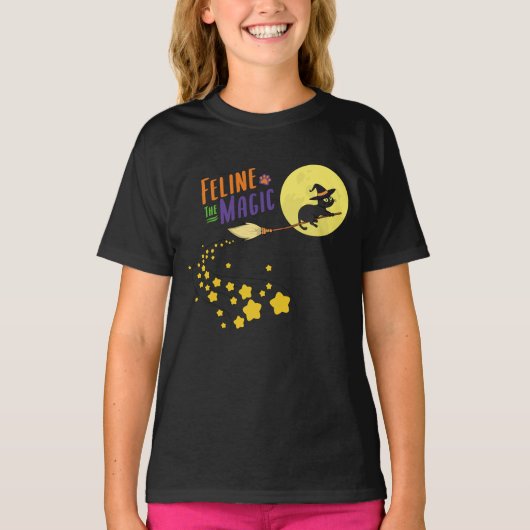 Grappige heks zwarte kat Cartoon grillige Hallowee T-shirt (Voorkant)