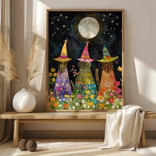 Grappige heksen onder Fullmoon kleurrijke kunst Poster