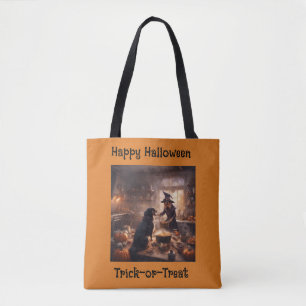 Grappige heksenhond en vriend overvallen de keuken tote bag