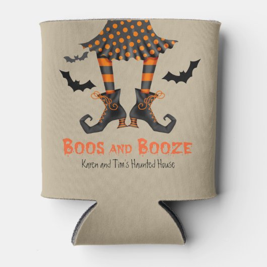 Grappige Heksenlaarzen en Booze Halloween Blikjeskoeler (Voorkant)