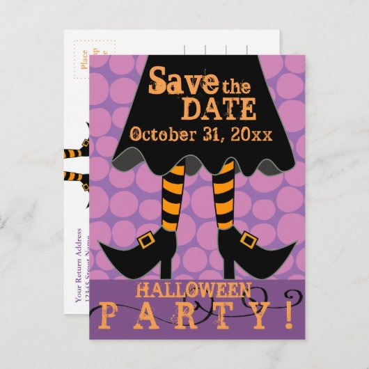 Grappige heksenpoten Halloween Party Save the Date Uitnodiging Briefkaart (Voorkant / Achterkant)