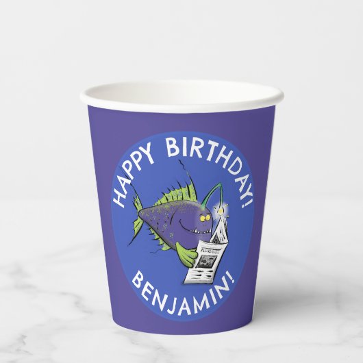Grappige hengelvis cartoon gepersonaliseerde verja papieren bekers (Achterkant)