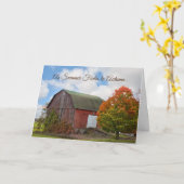 Grappige herfst over de heuvelschuur en boomverjaa kaart (Gele Bloem)