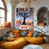 Grappige herfstboom illustratie hangend wandkleed