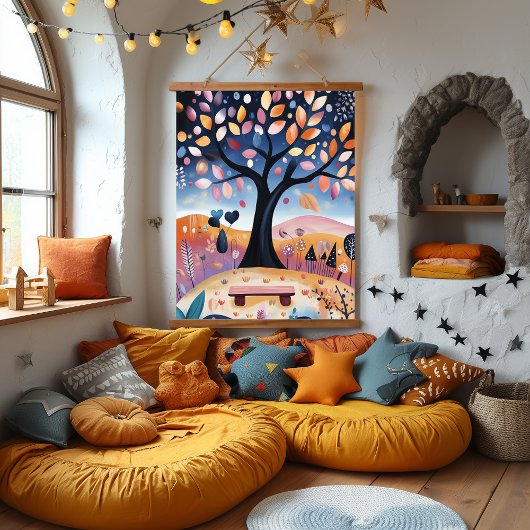 Grappige herfstboom illustratie hangend wandkleed