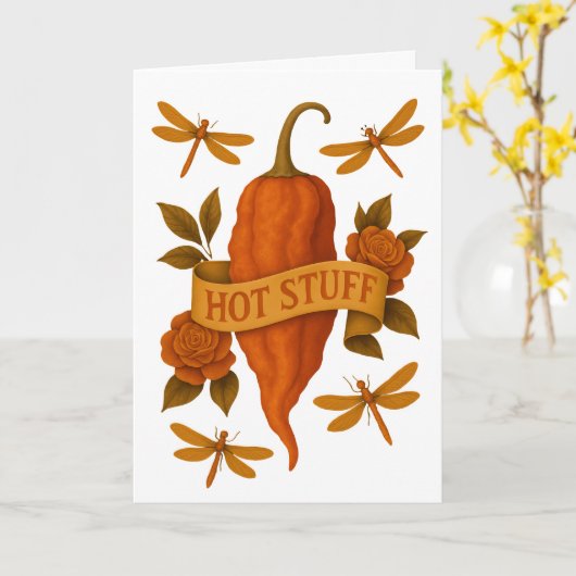 Grappige hete peper - Tattoo stijl Roos libel Kaart (Gele Bloem)