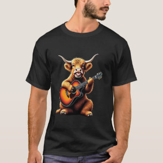 Grappige Highland Koe die Gitaar Speelt Ontwerp vo T-shirt