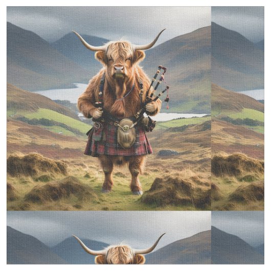 Grappige Highland Koe met doedelzak, Stof (Close Up)