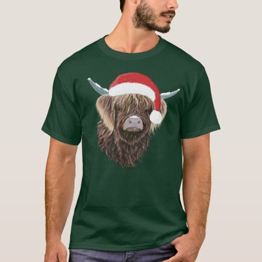 Grappige Highland Koe met een kerstmuts T-shirt (Voorkant)
