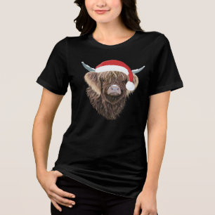 Grappige Highland Koe met een kerstmuts Tri-Blend Shirt
