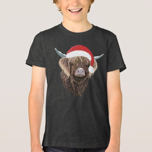 Grappige Highland Koe met een kerstmuts Tri-Blend Shirt (Voorkant)