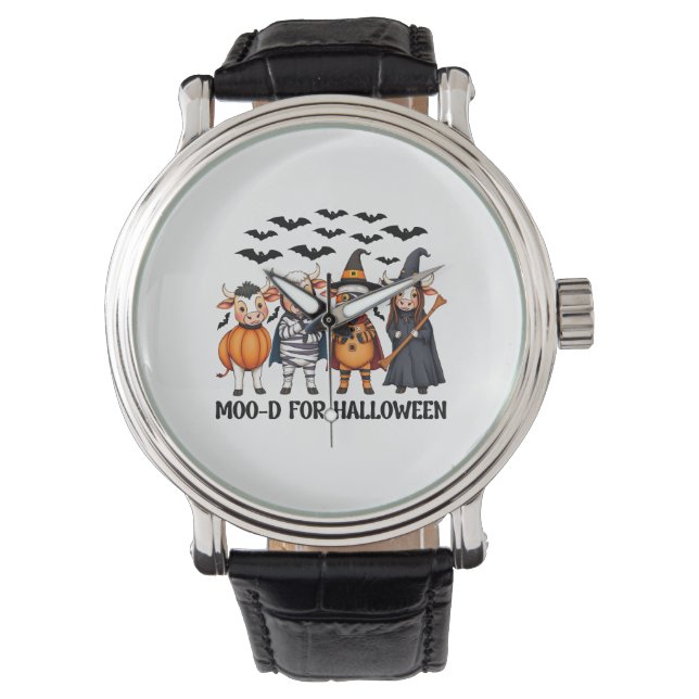 Grappige Highland Koe Moo-d voor Halloween Horloge (Voorkant)