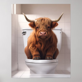 Grappige Highland Koe op de wc badkamer Poster