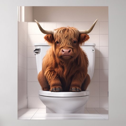 Grappige Highland Koe op de wc badkamer Poster (Voorkant)