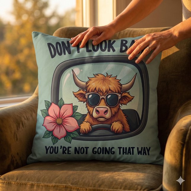 Grappige Highland Koe Retro Westerne Motivatie kun Kussen (Funny Highland Cow Retro Western Motivational Art Throw Pillow Mockup D)