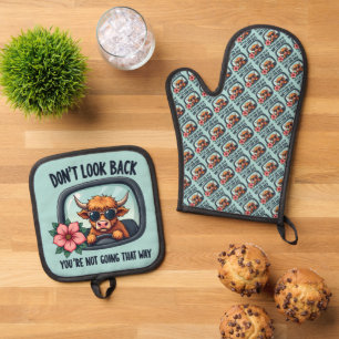 Grappige Highland Koe Retro Westerne Motivatie kun Ovenwant & Pannenlap Set