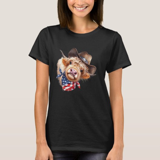 Grappige Highland Koe Schotse Rundvee 4 juli Ameri T-shirt (Voorkant)