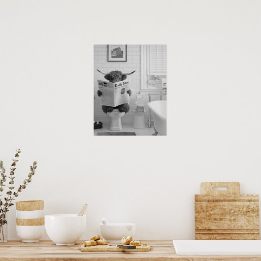Grappige Highland Koe Zittend op de WC Badkamer Poster (Keuken)