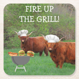 Grappige Highland Steer Barbecue Tijd Kartonnen Onderzetters