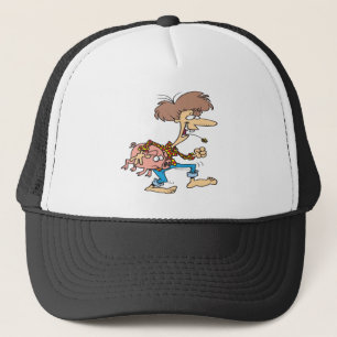 grappige hillbilly redhals met varkenscartoon trucker pet