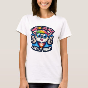 Grappige Hippie Hond Jaren 60 stijl "Woof, Vrede e T-shirt