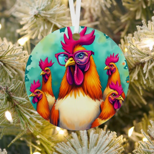 Grappige Hipster Haan Retro Pop Art Illustration Metalen Ornament (Insitu)