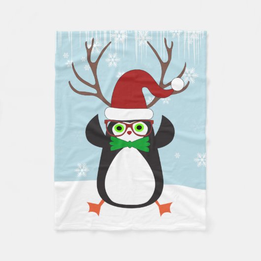 Grappige Hipster Kerstmis Pinguïn met gewei Fleece Deken (Voorkant)