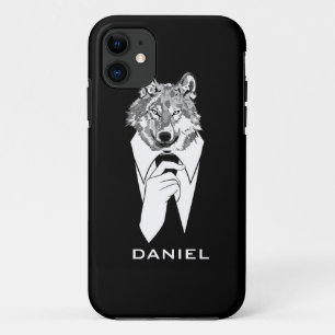 Grappige Hipsterwolf met Zwart Tuxedo Persoonlijk iPhone 11 Hoesje