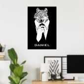 Grappige Hipsterwolf met Zwart Tuxedo Persoonlijk Poster (Thuiskantoor)
