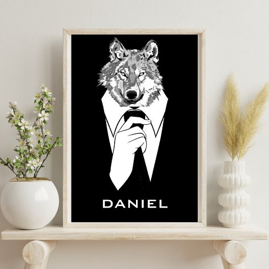 Grappige Hipsterwolf met Zwart Tuxedo Persoonlijk Poster