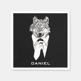 Grappige Hipsterwolf met Zwart Tuxedo Persoonlijk Servet