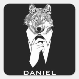 Grappige Hipsterwolf met Zwart Tuxedo Persoonlijk Vierkante Sticker