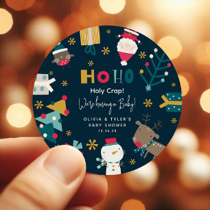 Grappige 'Ho Ho Heilige Koe' Kerst Baby Shower Ronde Sticker