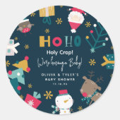 Grappige 'Ho Ho Heilige Koe' Kerst Baby Shower Ronde Sticker (Voorkant)