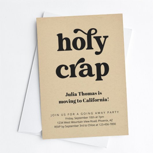 Grappige Holy Crap Going Away Party Uitnodiging