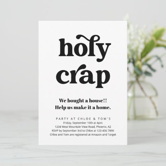Grappige Holy Crap Housewarming Party Uitnodiging (Staand voorkant)