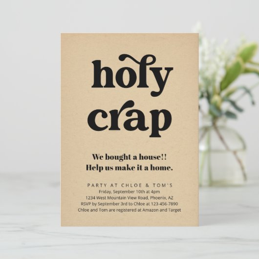 Grappige Holy Crap Housewarming Party Uitnodiging (Staand voorkant)