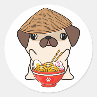 Grappige hond eet noedels ronde sticker