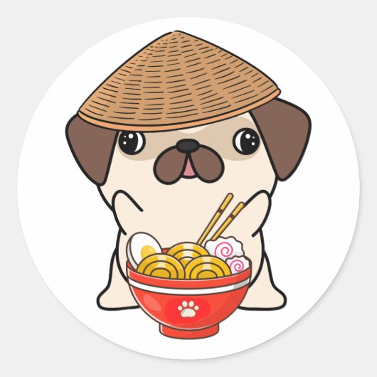 Grappige hond eet noedels ronde sticker (Voorkant)