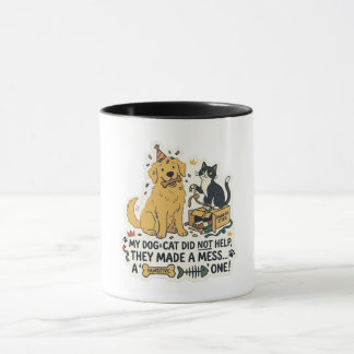 Grappige hond en kat hebben een rommel gemaakt Twe Mok