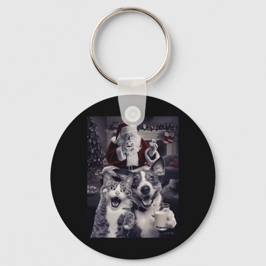 Grappige hond en kat selfie met kerstmis sleutelhanger (Voorkant)