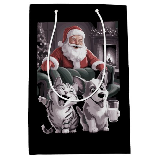 Grappige hond en kat selfie met Sinterklaas Kerstm Medium Cadeauzakje (Voorkant)