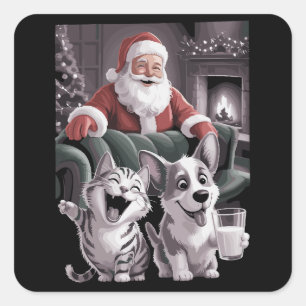 Grappige hond en kat selfie met Sinterklaas Kerstm Vierkante Sticker