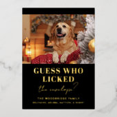 Grappige hond foto Raad wie kerst Folie Feestdagenkaart (Voorkant)