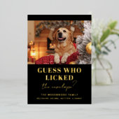 Grappige hond foto Raad wie kerst Folie Feestdagenkaart (Staand Voorkant)