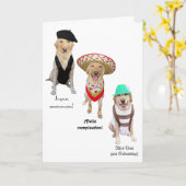 Grappige hond Happy Birthday in vier talen Kaart (Gele Bloem)