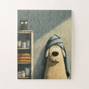 Grappige hond in handdoek met kat puzzel