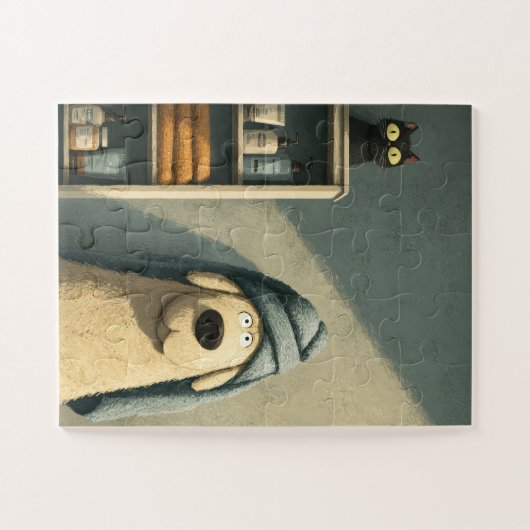 Grappige hond in handdoek met kat puzzel legpuzzel (Horizontaal)