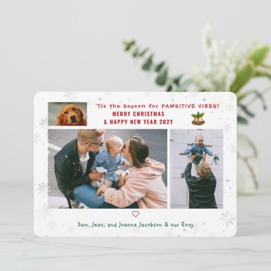 Grappige Hond Kat Pawsitive 3 foto's Minimalistisc Feestdagenkaart (Staand voorkant)